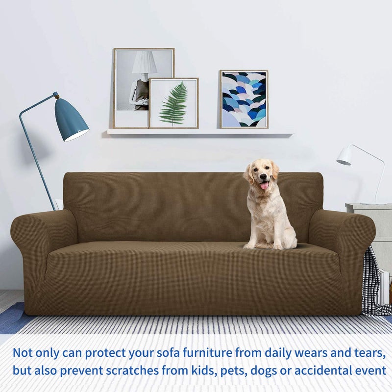 MAXIJIN Super Stretch Couch Cover for 3 Cushion Couch, 1-Piece Universal Sofa Covers Living Room Jacquard Spandex Furniture Protector Dogs Pet Friendly Fitted (Large, Brown) - Image 2
